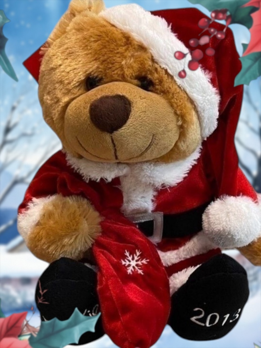 Belkie Bear 2013 Red Santa Hat and Vest with Fur Holding A Velvet Gift Bag 16”